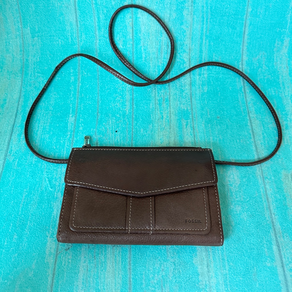 Fossil Brown Leather Crossbody Purse Organizer 7.5" X 4.5"